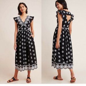 Anthropologie Tomine Embroidered Eyelet Midi Dress